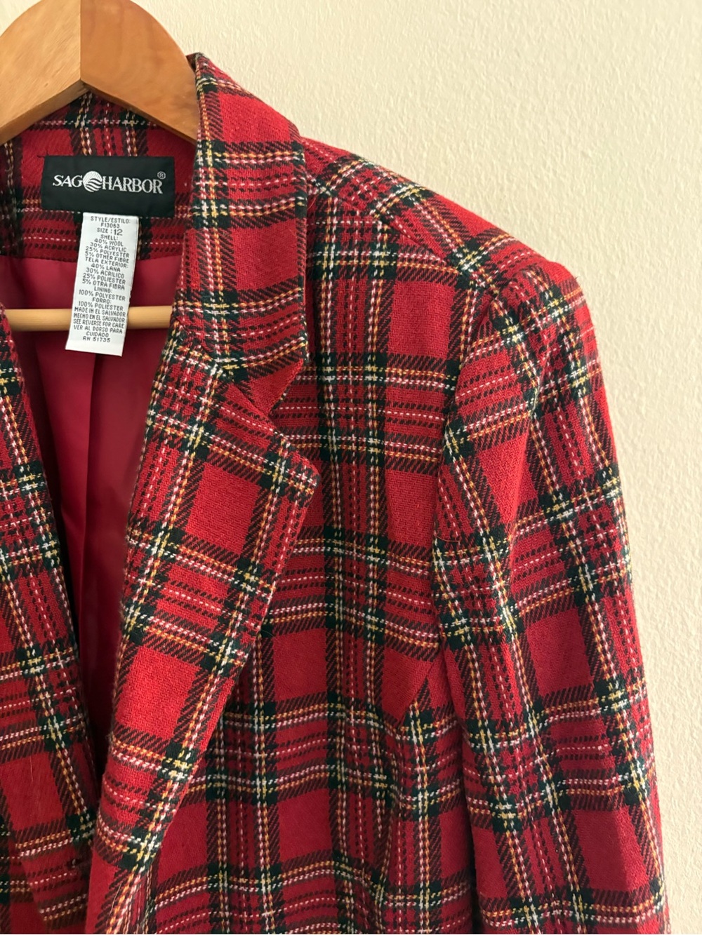 Sag Harbor Red Plaid Blazer with Black and Cream Trim